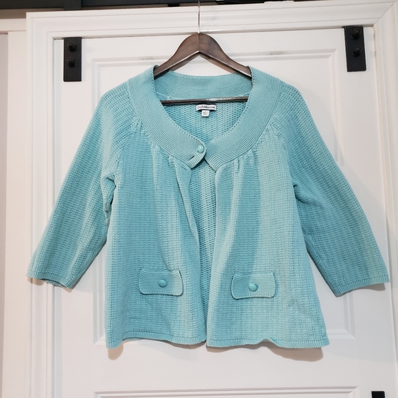 Croft Barrow Womens L Open Cropped Knit Sweater Blue 3/4 Sleeve Missing Button - Picture 5 of 12